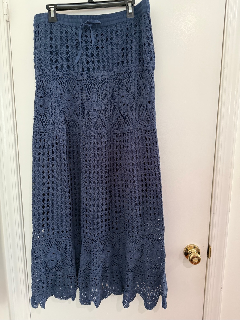 NorthStyle XL Navy Crochet Boho Maxi Skirt Drawstring Lined Cottagecore Coastal - Picture 2 of 6